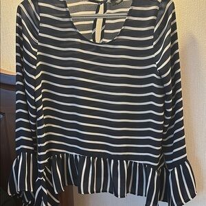 a.n.a Blue and White Bell Sleeve Ruffled Blouse
